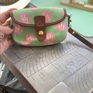 Dooney & Bourke Green and Pink Canvas wristlet